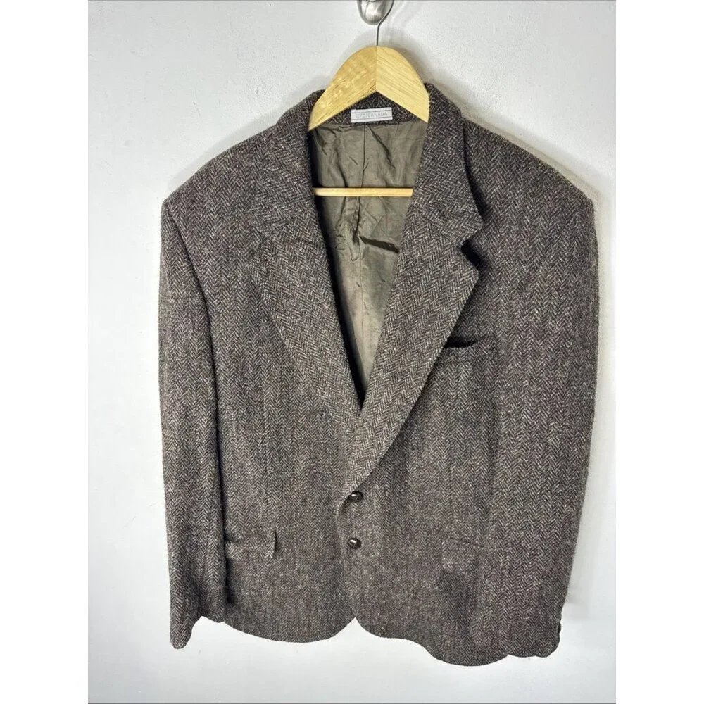 Vintage Harris Tweed Handwoven Wool Herringbone Blazer Brown Men‎ 44R